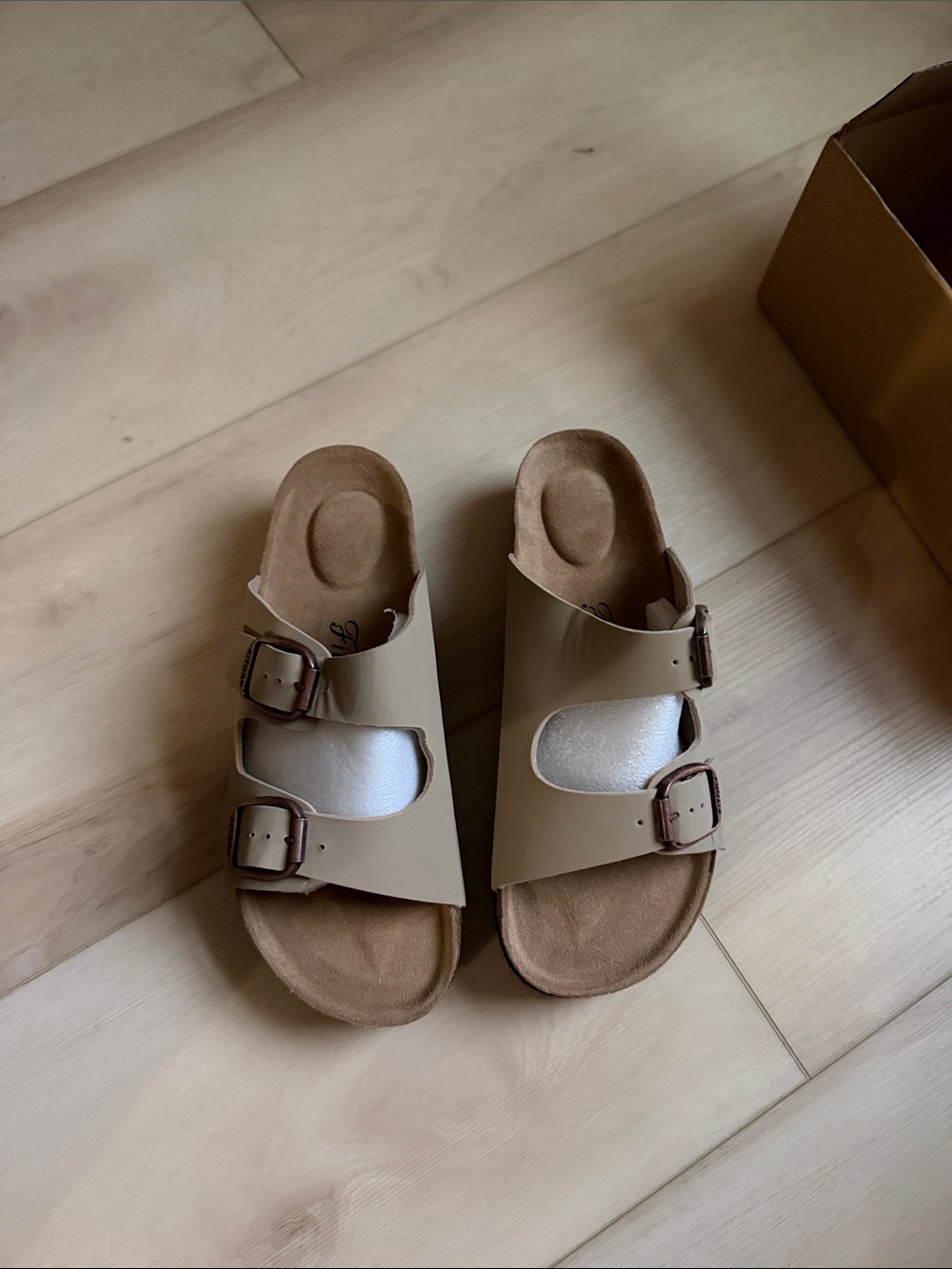 Women's Double-Buckle Slide Sandals in Light Beige